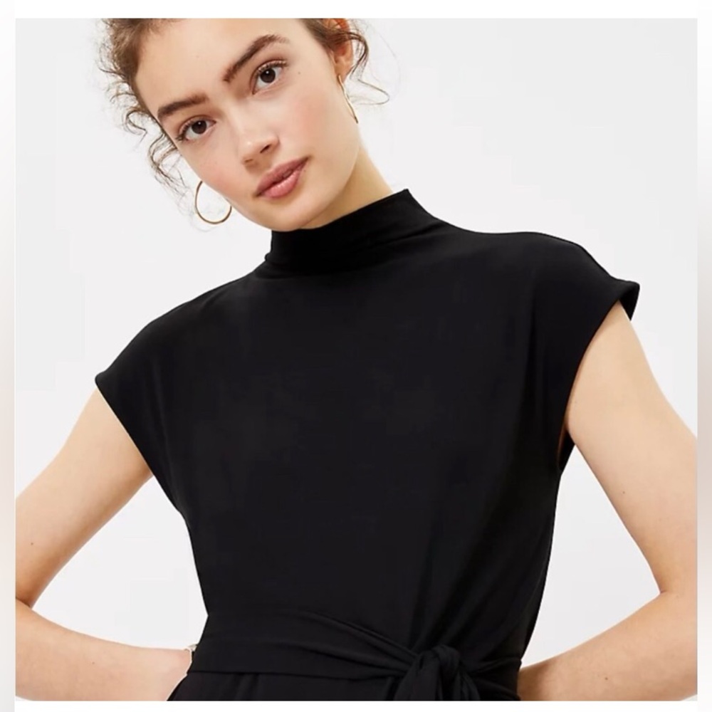 Loft Mock neck Black Tie waist Dress - Picture 3 of 6
